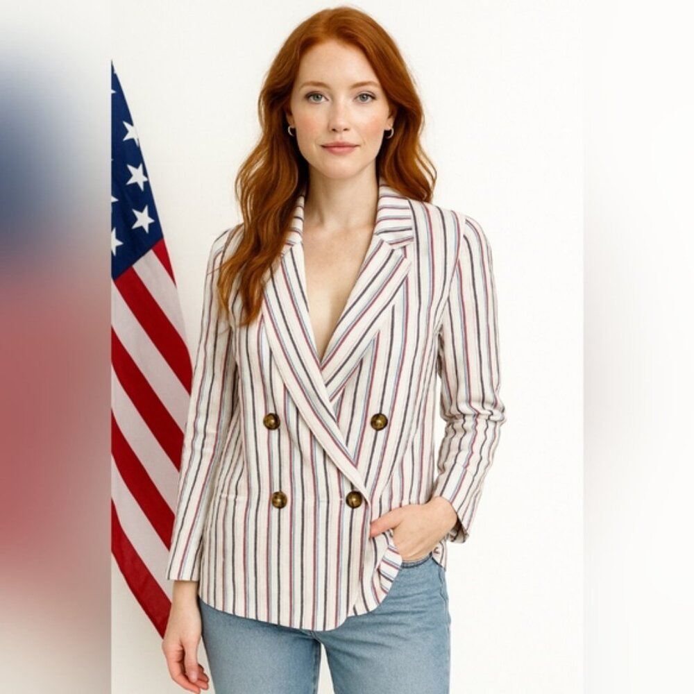 Dolan Linen Blend Women M Double-Breasted 2 Pocket Striped Career Office Blazer